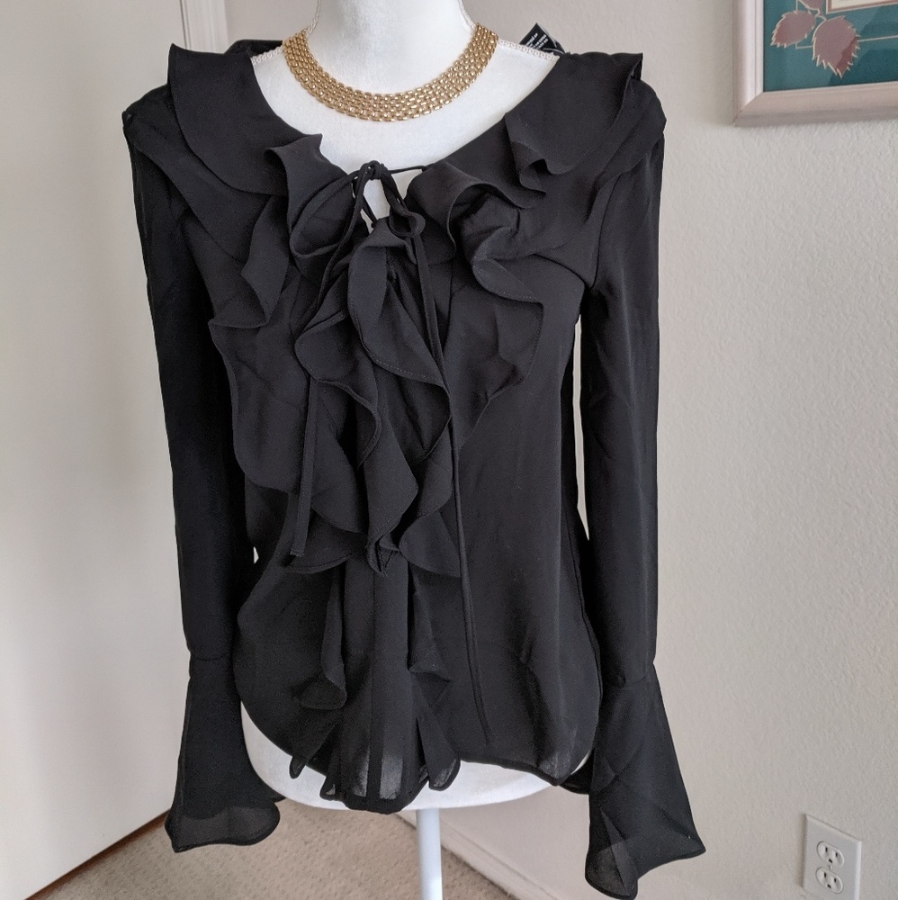 Forever 21 Black Ruffle Lace Up Long Sleeve Blouse